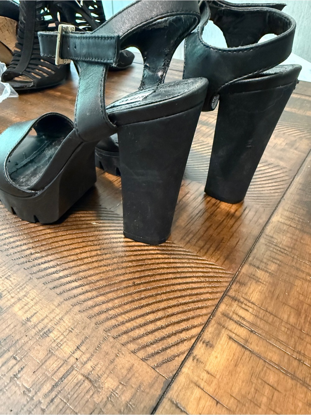 Steve Madden Black Leather Platform Ankle-Strap Heels - Picture 3 of 4